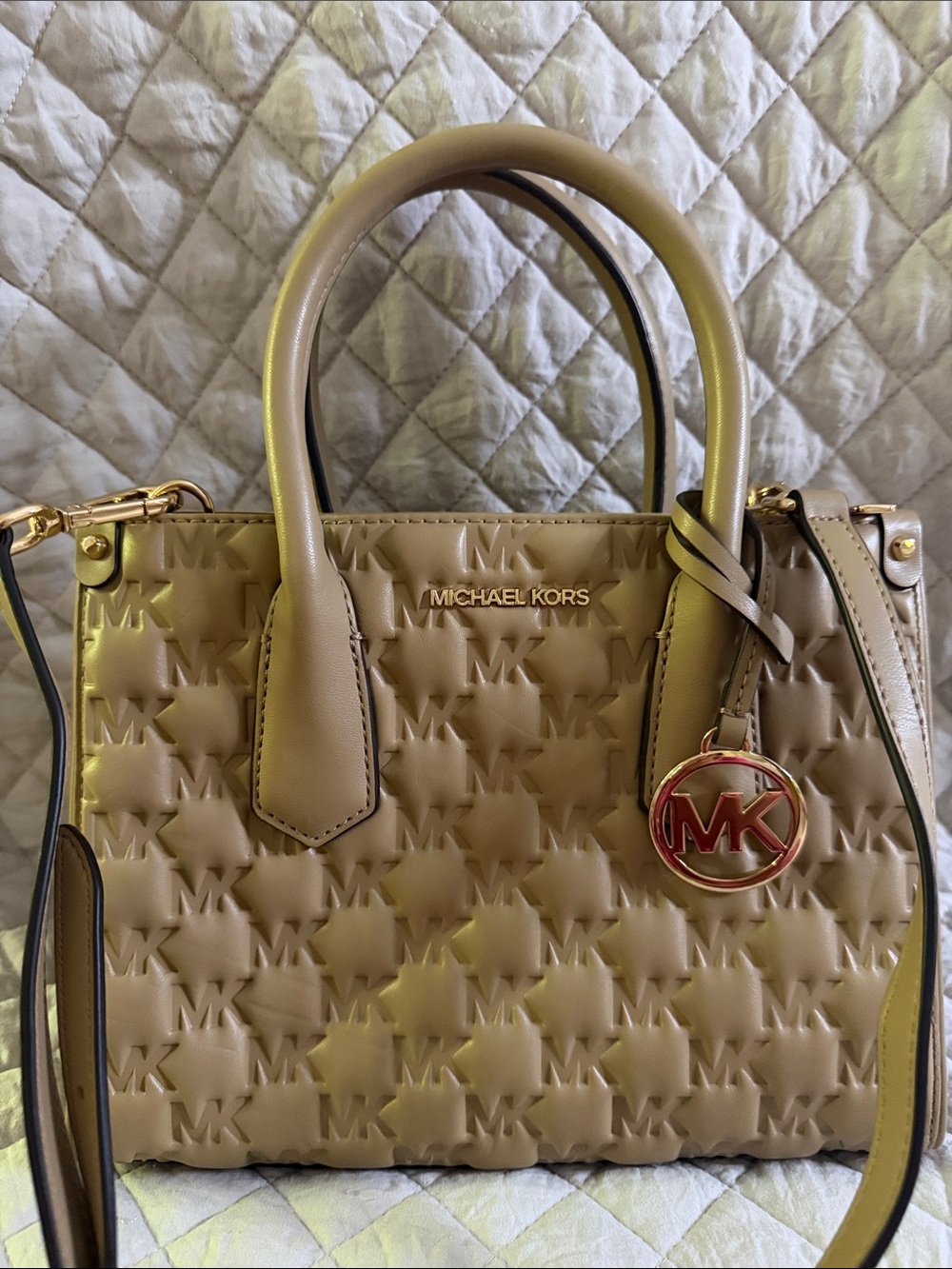 Michael Kors Beige Quilted Logo Satchel with MK Charm